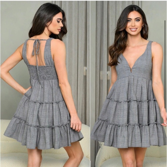 High quality women’s cotton blend mini houndstooth plaid dress - Picture 2 of 3